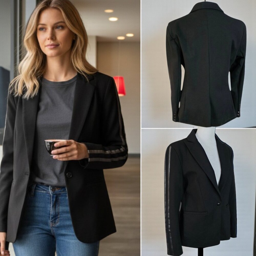 NWOT EVEREVE (MED) Jones St. Varsity Stripe Black Blazer - Picture 1 of 12